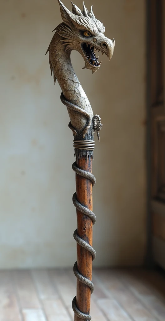 Magic wand with small dragon and phoenix details on black and simple wood