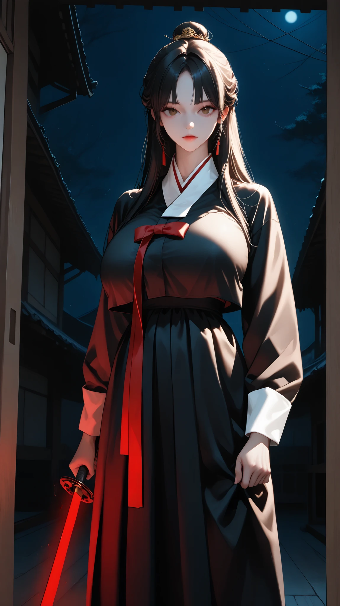 very aesthetic, 걸작, 고해상도, 8k 해상도, high contrast, (semi-realistic), newest, koreanai, RP-Illu, best_quality, finely_detailed_eyes_and_detailed_face, (1 girl), solo, long_hair, straight_hair, bun, (parted_bangs), black hanbok, both_hands_holding_sword, brave perspective, (standing, bloody_room, dark, night), looking_at_viewer, dynamic_angle, (humongous_breasts, huge_breasts, skinny, skinny_face, tall_height), glowing_eyes, brown_eyes, black_hair, expressionless 