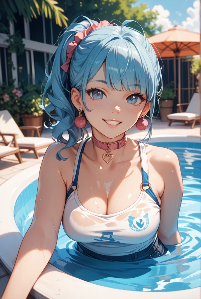 (((Masterpiece)))), ((Best Quality))), Hi-Res, On Thighs, Standing, Cute Pose, (Cute One Girl))), Solo, White Skin, Small, Eight-headed Body, (Light Blue Hair), ((Short Hair)), (Straight Bangs)), Beautiful Hair, Blue Eyes, Beautiful Eyes in Detail, (((Tongue)), Red Face, Smile, Heart, Bikini, Red Swimsuit, ruffles, earrings, outdoor, pool, shadow lighting,