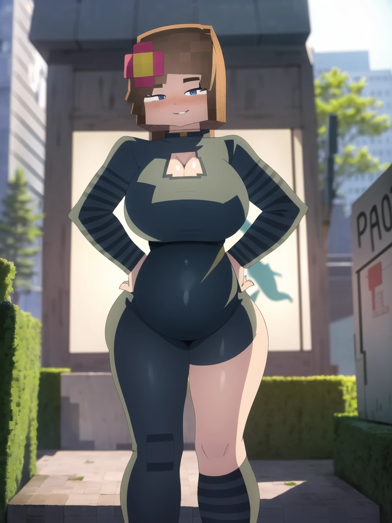 (masterpiece:1.4), (best quality), (detailed), (8k), inzaniak, (solo, 1girl, cowboy shot), (sidewalk, city), boss, (black eyes:1.2), small breasts, (wide hips, thick thighs:1.3), (dark skin:0.8), brown hair, sidelocks, double bun, visor cap, red headwear, collared shirt, red shirt, short sleeves, black jeans, shirt tucked in,