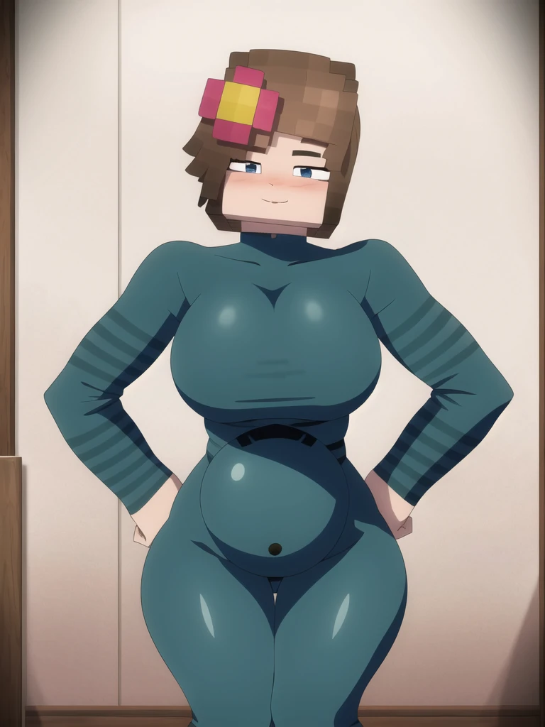 NSFW maddie fenton, towering over you, standing tall, showing off her sexy body, view from below, mature milf, blue bodysuit, curvy physique, tiny waist with huge ass, twisted dark sexual feelings, sultry look on her face, sexy provocative face, spreading her wet pussy, hand on pussy