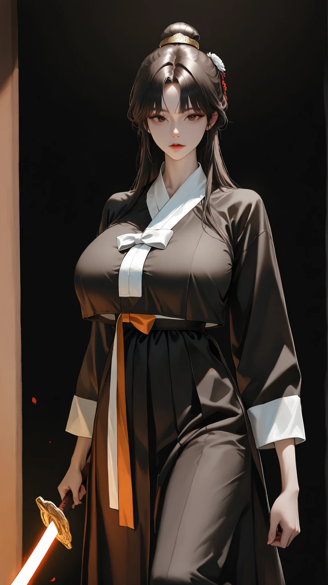 very aesthetic, 걸작, 고해상도, 8k 해상도, high contrast, (semi-realistic), newest, koreanai, RP-Illu, best_quality, finely_detailed_eyes_and_detailed_face, (1 girl), solo, long_hair, straight_hair, bun, (parted_bangs), black hanbok, both_hands_holding_sword, glowing_sword, brave perspective, (standing, black_background), looking_at_viewer, dynamic_angle, (humongous_breasts, huge_breasts, skinny, skinny_face, tall_height), brown_eyes, black_hair, expressionless