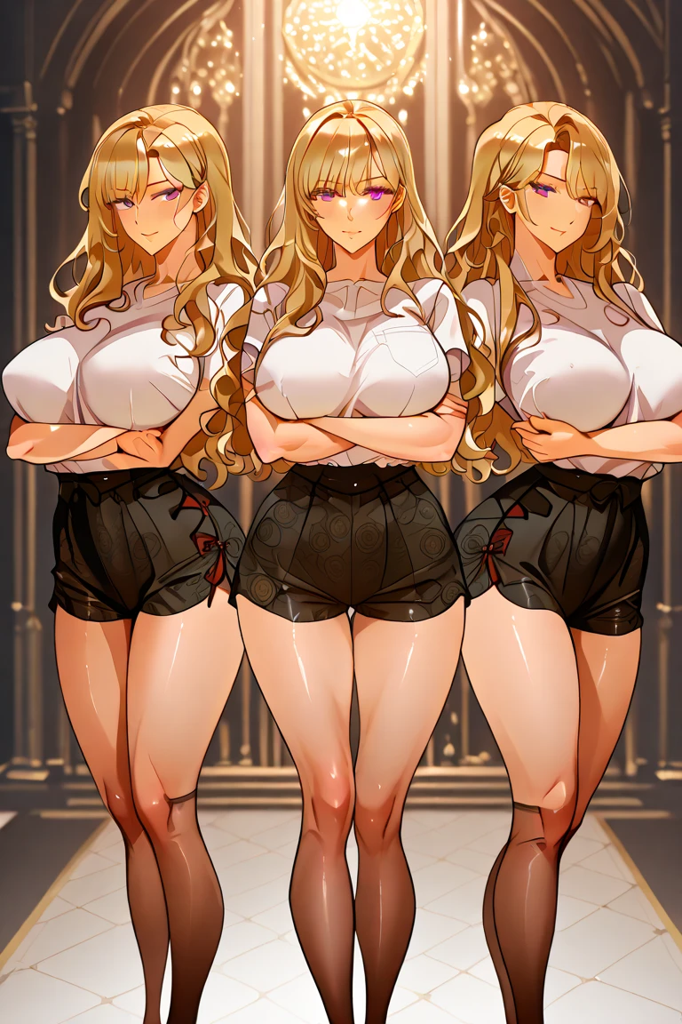 best quality, (masterpiece),(ultra-detailed), (high quality), (high resolution), ((3heads:1.5)), best quality:1.5, highres, UHD, 16K), three headed woman, smiling, highres, masterpiece, black tank top, hot pants, gym, blue eyes, blonde hair, seductive woman
