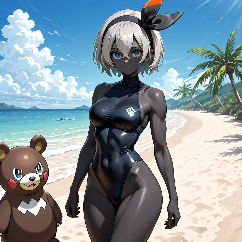 Angle: A close-up view of a hornet on a beach. 
Material: The artwork is a highly detailed illustration with realistic depth and textures. 
Additional Details: The hornet's red bikini stands out in the bright environment, adding a vibrant splash of color. The anthro hornet has a curvy figure, standing upright in a confident pose. Her face shows a subtle blush, adding a touch of allure to her expression. Thick thighs and large breasts enhance her attractive features. 
Image Quality: The artwork is of the best quality, with ultra-detailed elements that capture every intricate detail. The bright and sunny lighting further enhances the realistic atmosphere. 
Art Style: The artwork is executed in a bright and sunny style, incorporating realistic details to bring the scene to life. 
Color Palette: The color palette is dominated by deep, rich tones, with an emphasis on dark shades to create a summer ambiance. 
Lighting: The lighting is bright and fun, with subtle highlights and shadows that enhance the atmosphere of the beach.