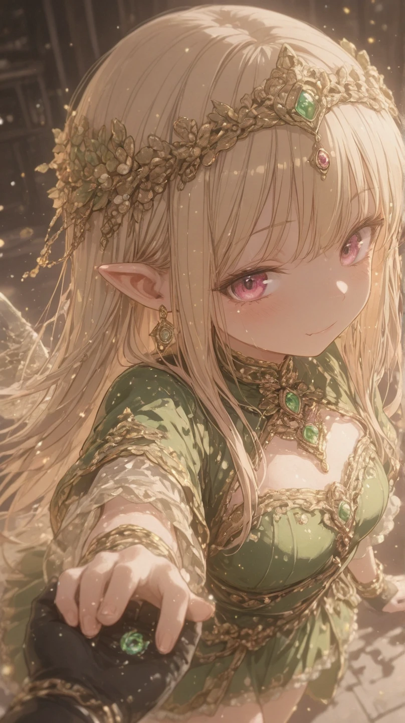 masterpiece, best quality, 1woman, adult, female focus, solo, two tone hair, unique blonde aqua hair, vibrant green eyes, looking at viewer, closed mouth, upper body, Fantasy aesthetics, Highly detailed, shadowverse style, elf dress, blind mask