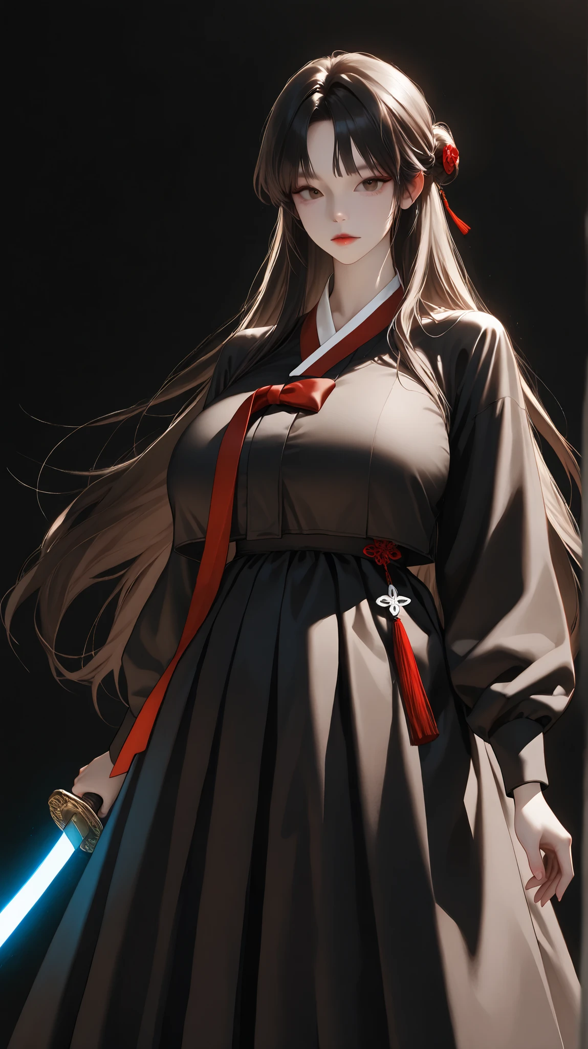 very aesthetic, 걸작, 고해상도, 8k 해상도, high contrast, (semi-realistic), newest, koreanai, RP-Illu, best_quality, finely_detailed_eyes_and_detailed_face, (1 girl), solo, long_hair, straight_hair, bun, (parted_bangs), black hanbok, both_hands_holding_sword, glowing_sword, (standing, black_background), looking_at_viewer, dynamic_angle, (humongous_breasts, huge_breasts, tall_height), brown_eyes, black_hair, expressionless