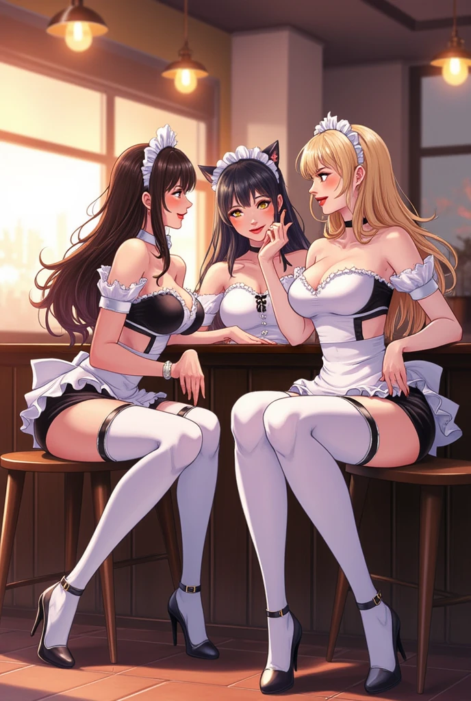 absurderes, 8K ,A high resolution, Ultra detailed, Beautiful, Masterpiece, Best quality, (Beautiful and delicate silver eyes), (3girl) ,Three sexy beautiful teens in office OL (Office Lady),white button-down blouse,There is a collar,Black Slit Skirt,(Black pantyhose),Long legs ,Detailed legs,High heels,Side ponytail , bangs,full bodyesbian,Big breasts,cleavage,Cyan hair,Blue hair,Pink hair,blush,