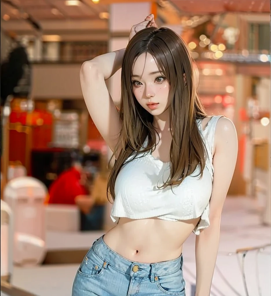 top-quality、超A high resolution、(Photorealsitic:1.4)、(ulzzang-6500:0.4)、Beautie、Korean Idols、21years old、length hair、light brown hair、Clean and wavy hairstyle、small tits、Very small breasts、Realistic eyes, slender narrow eyes、Beautiful eyes、A smile、croptop、Tank Tops、Wear a see-through shirt、a miniskirt、In the street、crouching down、slender、A slender、Slender body lines