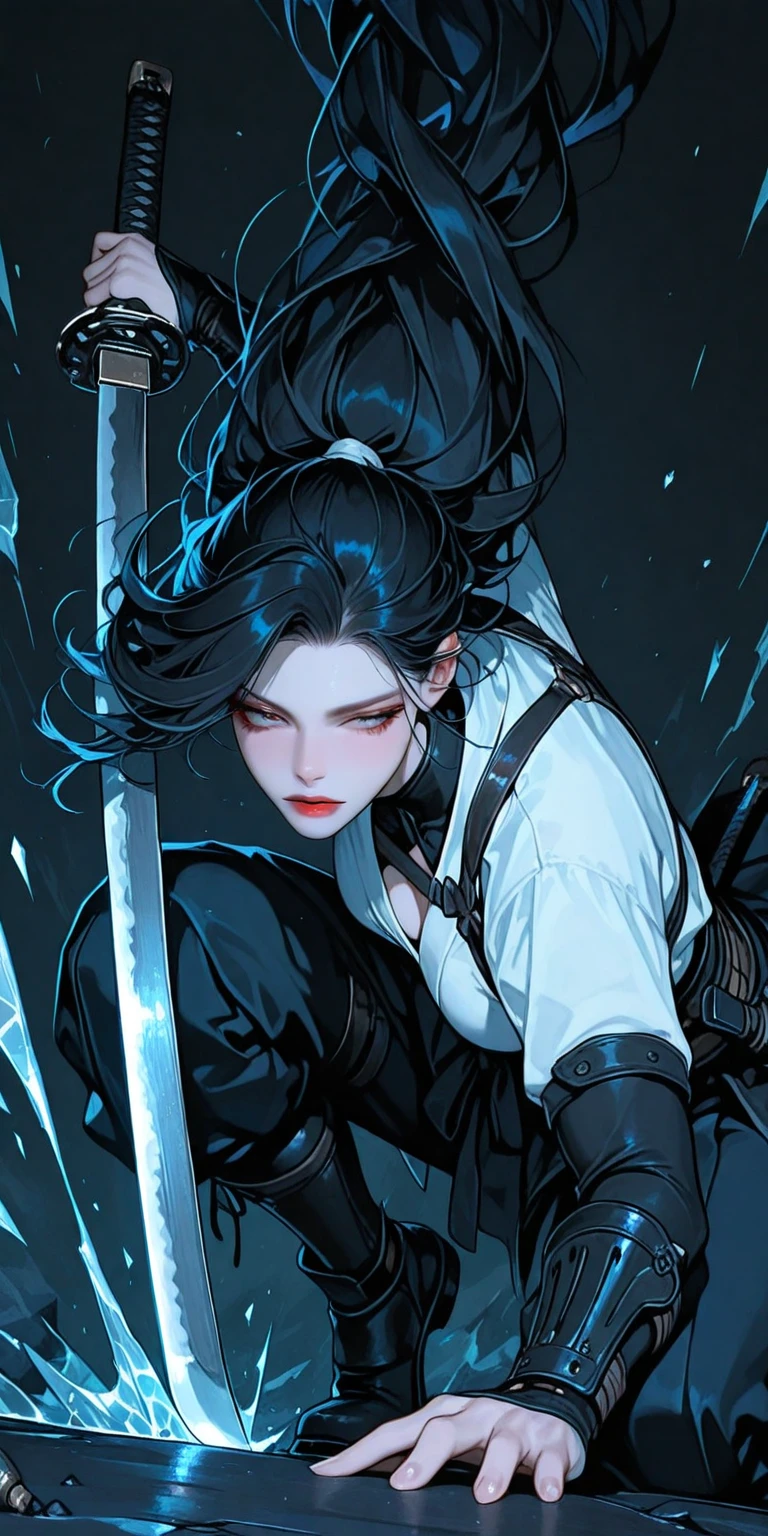 beautiful girl fighting with massive monster, she wear white shirt and black pants, perfect body, using sword, fight with scary monster, may monster, surrounded by monster, bloody