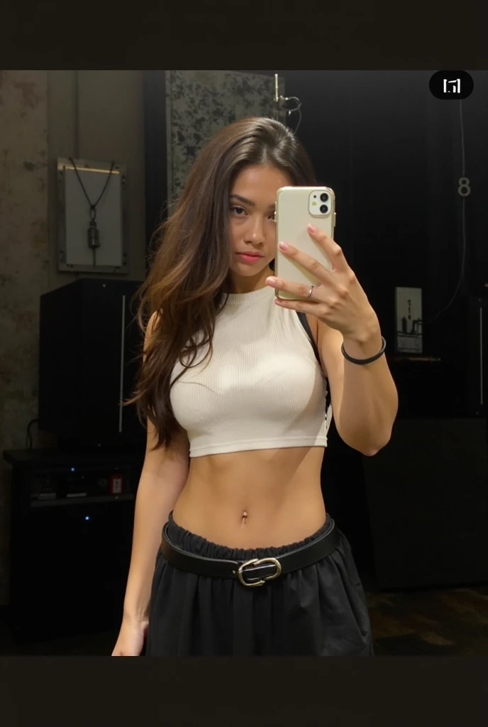 araffed woman taking a selfie in a bathroom mirror, wearing a sexy cropped top, her belly button is exposed, belly button showing, wearing crop top, 2 4 year old female model, wearing a cute top, fit pic, tinyest midriff ever, middle body shot, physical : tinyest midriff ever, outfit photo
