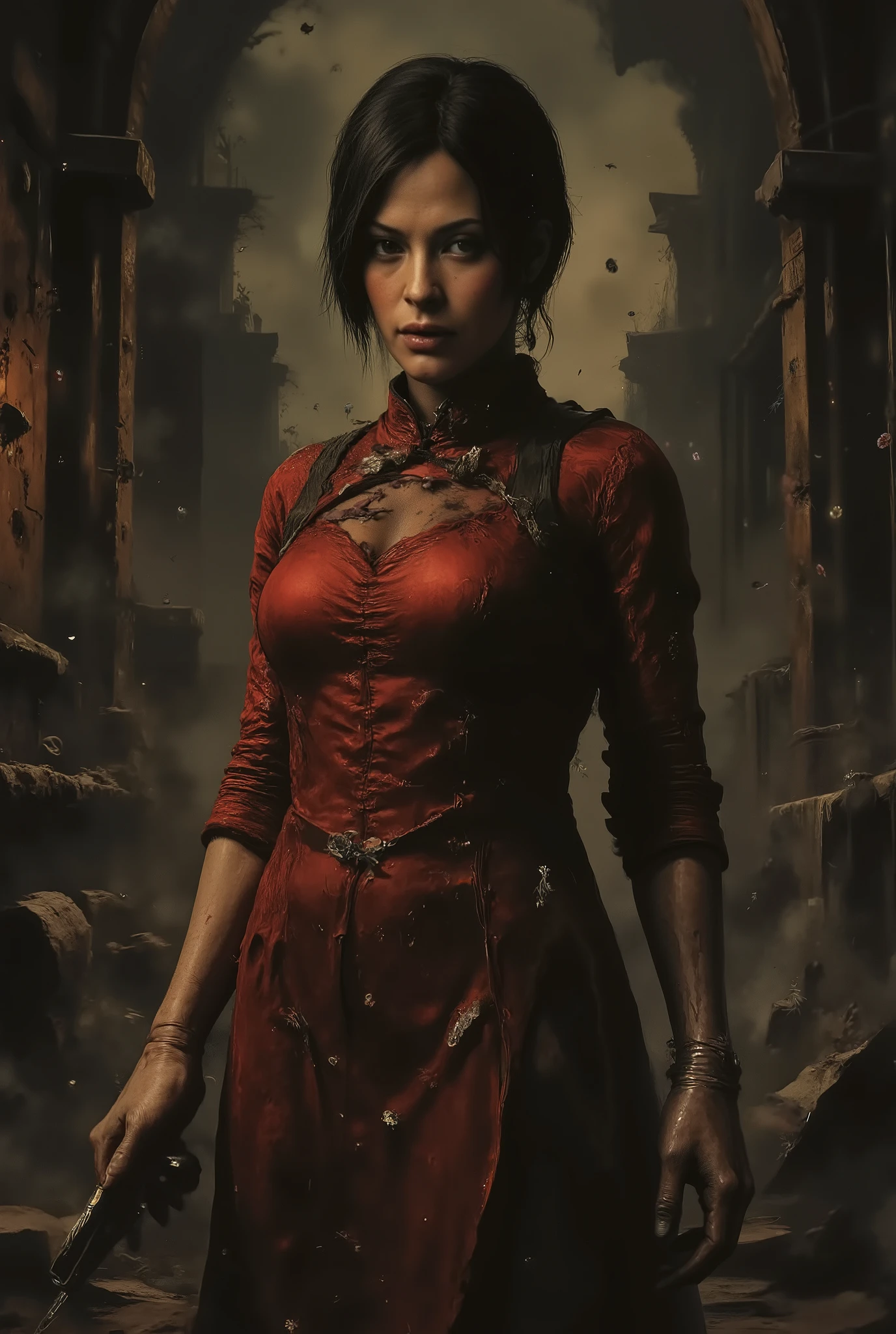 Resident Evil, Ada Wong, big breasts, perfect breasts, cleavage, perfect body, red Cheongsam, Apocalypse, dark, foggy, Zombies, survival horror, dark alley background, sexy, seductive, high detail, masterpiece.