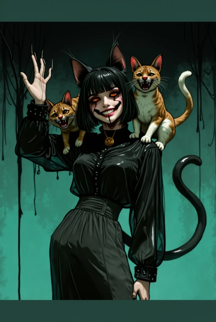 dark joker, sorting sharp teeth, red eyes black outfit