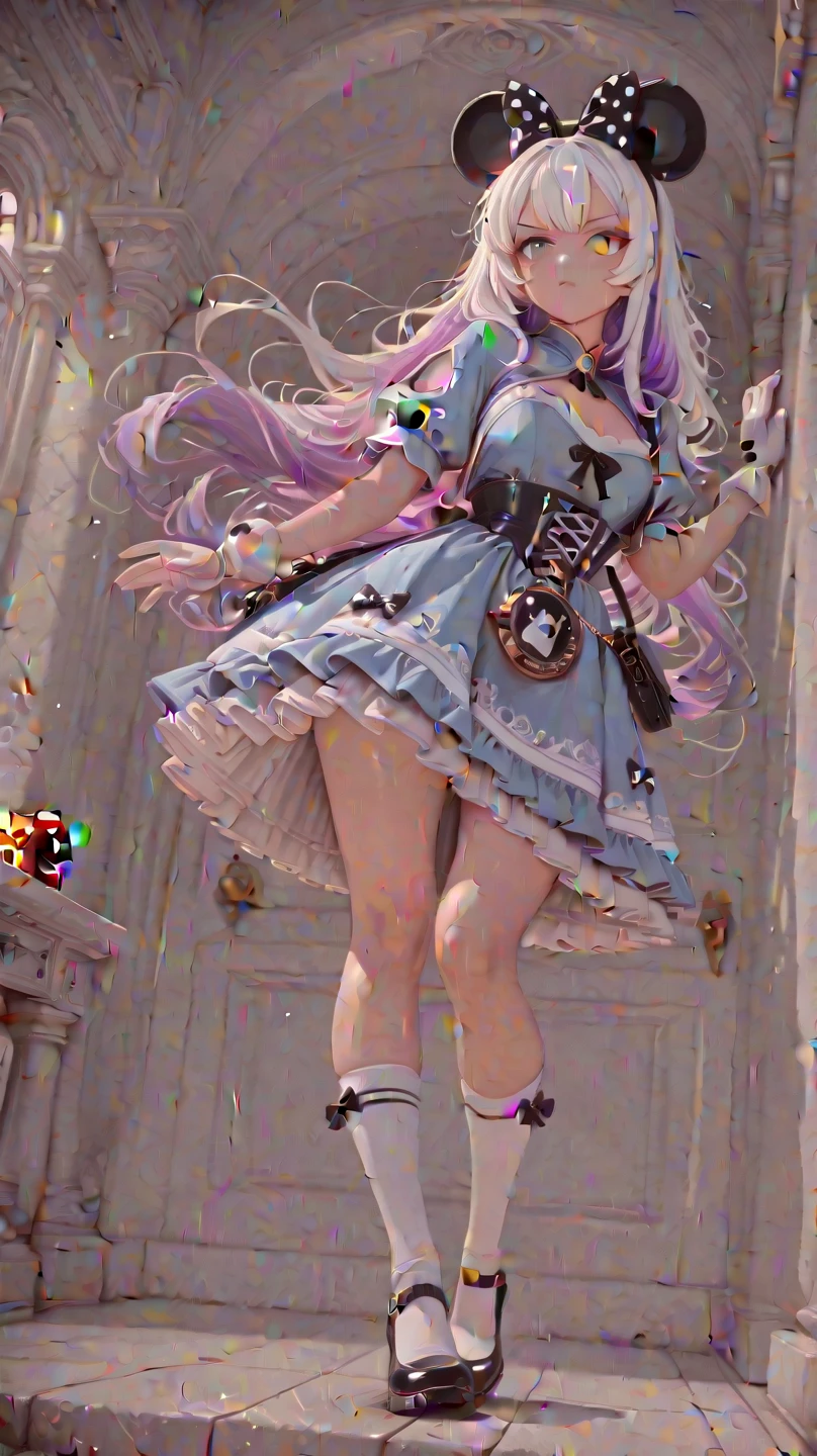 ((illustration)), ((Floating hair)), ((color difference)), ((coustics)), Lens flare, Dynamic Angle, ((Portrait)), (1 girl), ((Solo)), Cute face, ((hiddenhands)), Asymmetrical bangs, (Beautiful detailed eyes), eye shadows, ((Huge clocks)), ((glass strips)), (Floating glass fragments), ((colorful refraction)), (Beautiful detailed sky), ((Dark intense shadows)), ((Cinematic lighting)), ((Overexposure)), (Expressionless), Blank stare, big top sleeves, ((frilld)), Hair_decorations, Ribbons, neck bowtie, macarons, (((Small breast))), Pleated skirt, ((Sharp focus)), ((Masterpiece)), (((Best quality))), ((Extremely detailed)), Colorful, High-density imaging review Luo Tianyi (Kushki), Gushki thighs