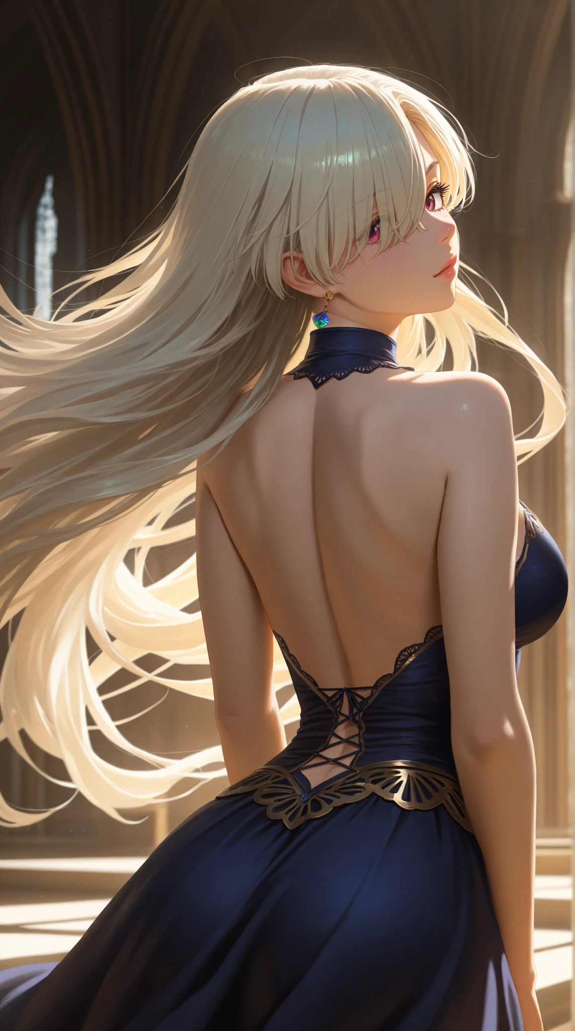 "Under the moonlit sky in Albion’s royal palace, Eleanor of Albion swims elegantly in a grand, gothic-inspired pool. The stone arches and towering spires of the palace are silhouetted against the night, while the water is illuminated by soft, ethereal lights beneath the surface, creating a magical atmosphere. Eleanor wears a deep blue, one-piece swimsuit with silver accents, mirroring the night sky above. Her long (((blonde))) hair flows behind her as she glides through the water, her movements as graceful as they are regal. The gentle glow of lanterns and the reflection of the stars on the water add a mystical charm to the scene, highlighting the enchanting beauty of Albion’s princess."(((back view))),(((Photo taken from below))), (((Upper body only)))