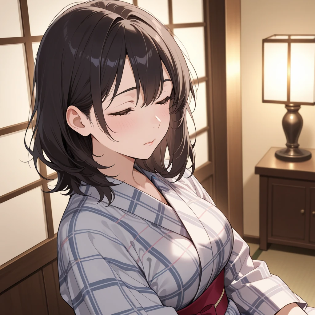 A very cute face like an idol、like々A 20-year-old woman with a cute face、Gentle and cute、A kind smile、(((Japanese Yukata)))、(night)、(((Lying down on a futon in a Japanese-style room at a Japanese inn)))、((Cleavage、I can see your thighs))、((Full body portrait))、RAW Photos、Genuine、High resolution