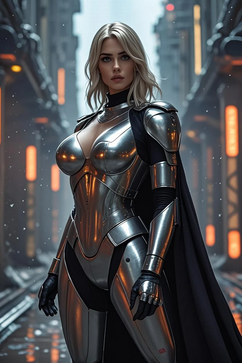 Best quality, 8K, woman vintage super hero, beautiful and detailed face, blonde curly long hair,big eyelashes,LOOKING TO observer,silver metalic armour over TAN bodystocking, black belt,over the knee boots,sci-fi RETRO SPACESHIP scenario