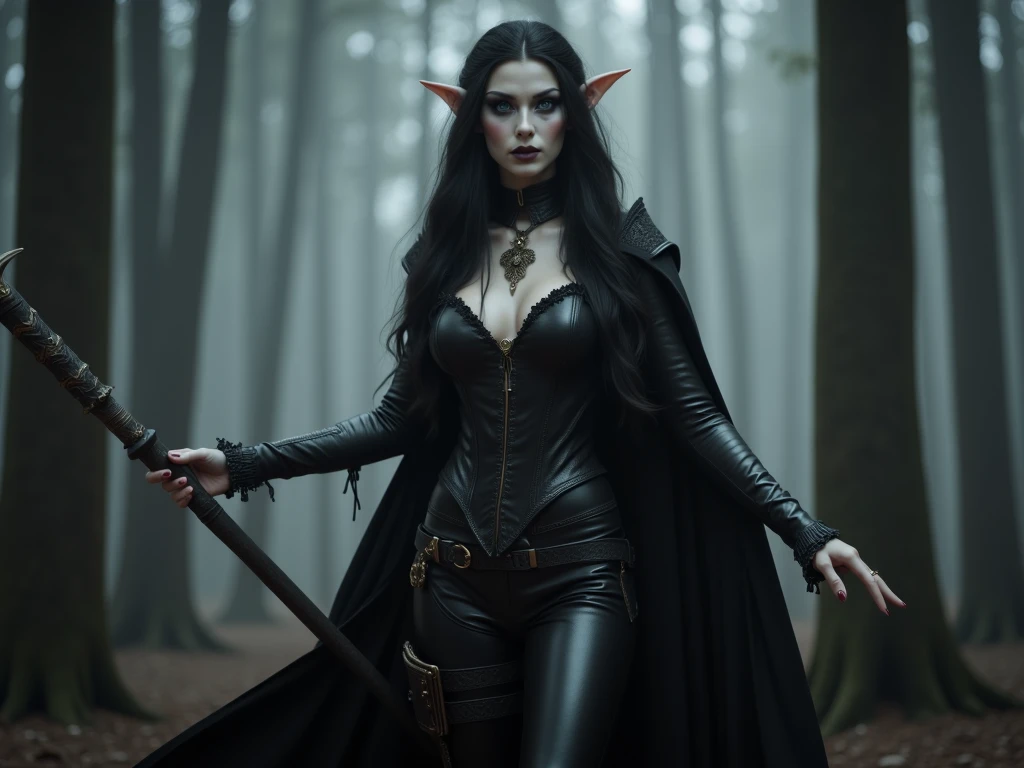 beautiful goth drow female, 22 years old, dark eyeliner, piercings, pale skin, wearing dark black rogue's clothing holding two legendary daggers, full body, pointed elf ears, leather pants, cloak, body facing camera, dark fantasy, cinematic lighting, dramatic shadows, highly detailed, photorealistic, 8k, masterpiece,