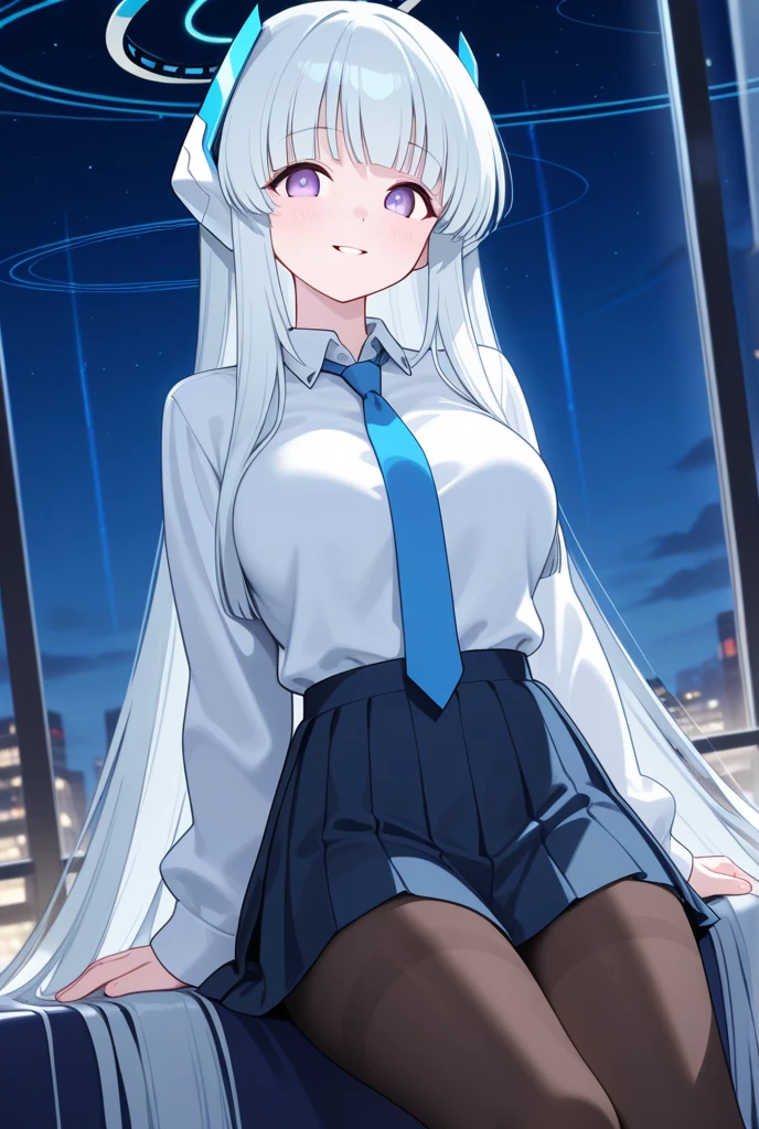 masterpiece, best quality, very aesthetic, absurdres, 1girl, mature_lady,1girl,naked_shirt,,honma_meiko, ano_hi_mita_hana_no_namae_wo_bokutachi_wa_mada_shiranai, 1girl, blue_eyes, long_hair, white_hair, bare_arms, bare_legs, barefoot, flat_chest, neck_ribbon, ribbon, sidelocks, star_(symbol),,on the rooftop of a tall building,blur background,background defocus,