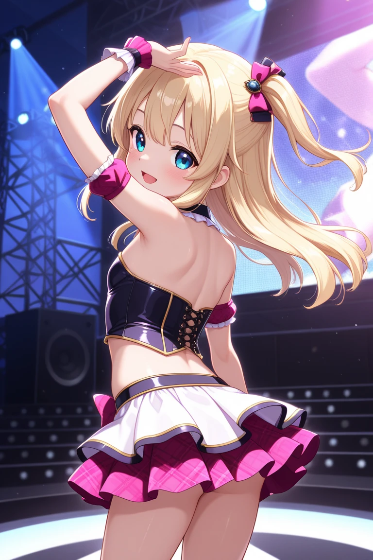 high quality, muste piece, idol uniform, 1 girl, solo, stage, dancing, seductive smile, have a microphone