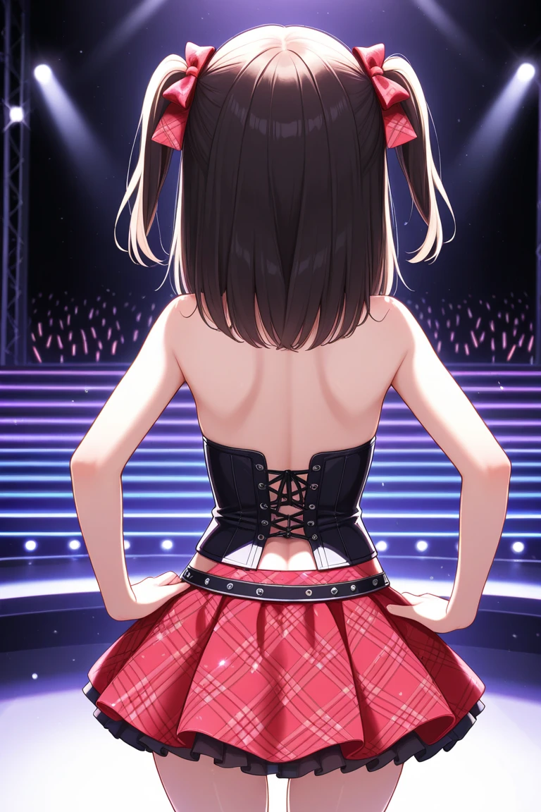 Create a stunning masterpiece featuring a dynamic cinematic scene showcasing a talented Korean girl band on the main stage. They are wearing fashionable mini dresses, surrounded by a excited crowd. Capture the energy and unity of the 5 girls in a group picture, (masterpiece, best quality), high contrast, (4girls:1.2), anime wallpaper, lineup, Multiple_girls, idol outfits, (long skirt, frilly skirt:1.1), (from behind:1.2), stage, stage lights, concert, (crowd:1.1), dynamic pose, standing, woman, (headphones:1.1), (jacket, off shoulder jacket, sleeveless top:1.1), collared top, short hair, medium hair, sharp focus, light particles, (wide shot), sfw, detached collar, backboob, pantyhose,(worst quality, low quality, normal quality:1.4), monochrome, negative_hand, (cross-eyed:1.4), (signature, watermark, artist name:1.4), (nipples:1.4), (bloom), (looking back, looking at viewer:1.4), (upskirt, from below:1.4), panties, (loli, child, young, teenage, underage, backless outfit, pussy, cameltoe, nsfw:1.4),