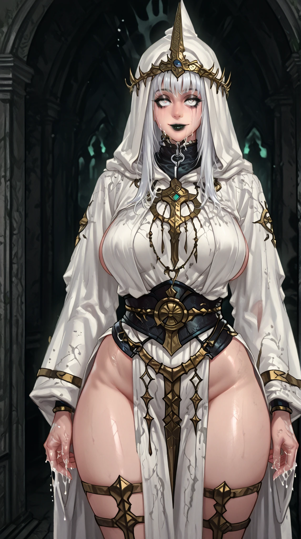masterpiece,shiny skin,1woman in her 20s,Beautiful jpn-woman,villain,(full body),nun clothes,((sister veil)),intricately designed details,layered costume,(tattoo below the navel).(Silver blonde,(femdom),red eyes,(big breasts),(big ass),black thigh high boots,mysterious smile,standing,((church of evil)),Suspicious atmosphere,five fingers,night,
