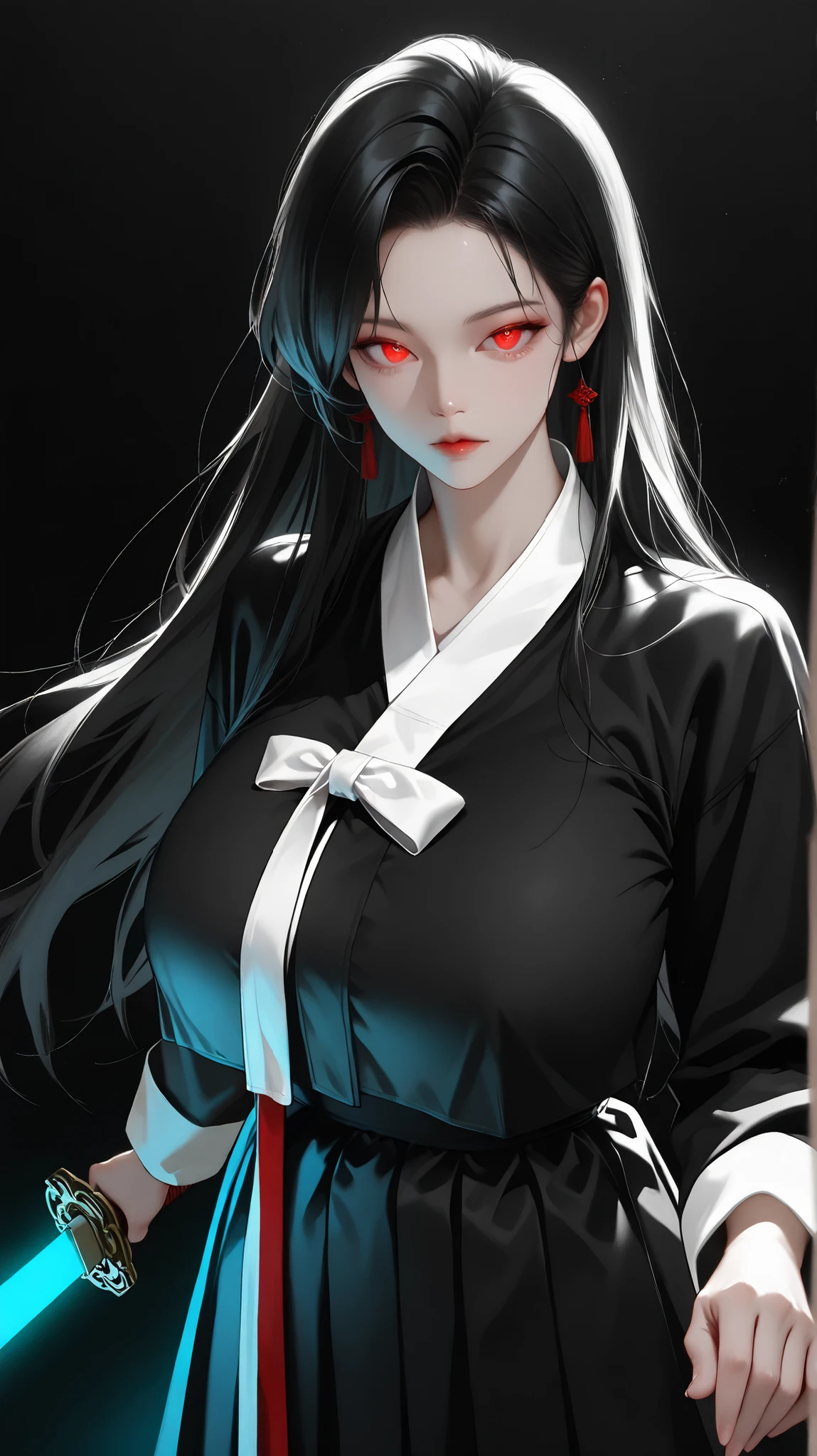 very aesthetic, 걸작, 고해상도, 8k 해상도, high contrast, (semi-realistic), newest, koreanai, RP-Illu, best_quality, finely_detailed_eyes_and_detailed_face, (1 girl), solo, long_hair, straight_hair, bun, (slicked_side:1.5), black hanbok, both_hands_holding_sword, glowing_sword, (standing, black_background), looking_at_viewer, dynamic_angle, (humongous_breasts, huge_breasts, tall_height), glowing_eyes, black_hair, expressionless 