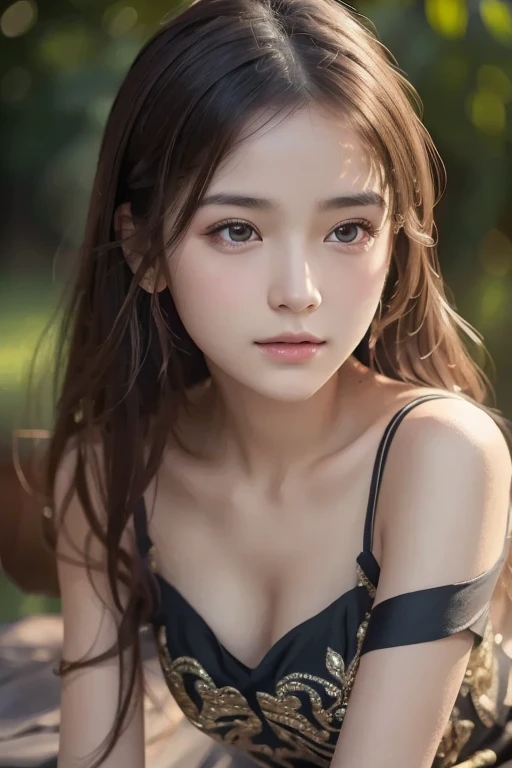 landscape, summer, night, forest, Campfire in one place, unmanned, Nobody, Starry Sky, HD detailed, Super detailed, movie, Hyperrealism, Soft Light, Deep focus bokeh, Ray Tracing, Hyperrealism. , アートステーション pixiv Gwise, Makoto Shinkai, ArtJam, 1girl, White tube top､Cleavage、Big Breasts､Short denim､Muscular thighs､masterpiece, 最high quality, high quality, High resolution, ((Face close-up))