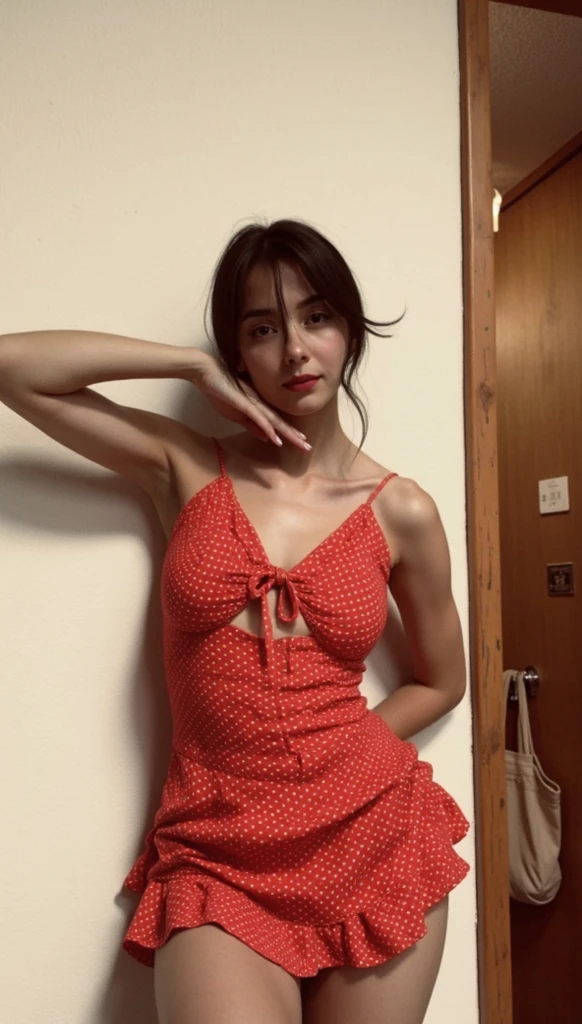 araffe woman in a red shirt posing for a photo, elegant glamor pose, elegant pose, doing an elegant pose, Asian, Japanese woman, boobies, neckleace, tattoo on right arm, blue eye makeup, outlined, shorth hair, Bblack hair, detailed hair