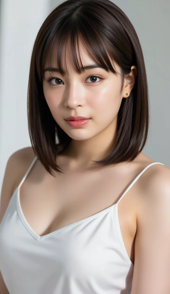 ((Best picture quality, 8K, tmasterpiece:1.3)), 1girll, Beautiful woman with slender abs:1.3, (Casual hairstyle, :1.2), Sexy low-cut bra，The bra color is arbitrary，Super large，The skin is very white，Ultra-fine face, A detailed eye, 二重まぶた，ssmile。Take pictures in cute poses，The figure is very bad，tiny small waist，Super big breasts，Close-up，Close-up chest，White-skinned，The background is casual，Close-up Shot Shot