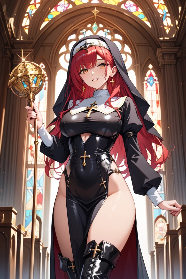 Anime girl, orange hair, sexy, nun outfit, full body shot, large breasts, 1girl, solo, in a church, hands together, praying