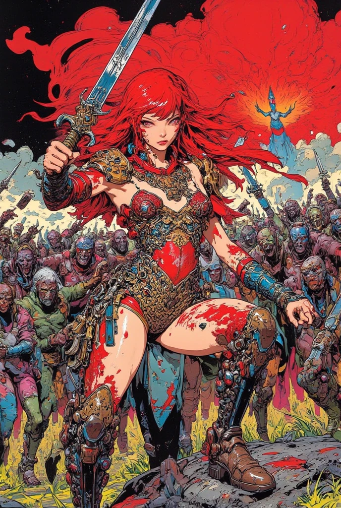 A fierce redhead warrior, Red Sonja, in chain mail, very sexy, full of blood, with a wooden shield and an axe, in a closed forest landscape, autumn, blood stains , dramatic lighting, art inspired by Bill Sienkiewicz
