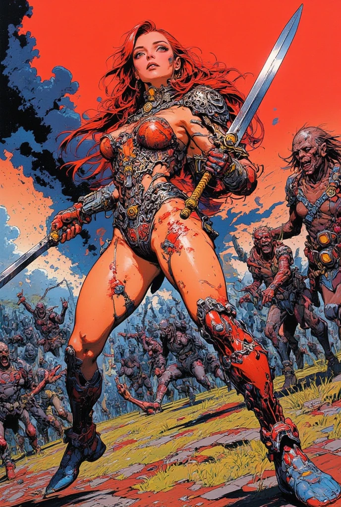 masterpiece, high quality images, high detailed faces, perfect faces, desenho realista de uma mulher ruiva, com olhos azuis, in a bikini holding a knife dripping blood, Red Sonja, luvas de couro marrom, brown leather boots is walking on a blond-haired man, boca aberta,  morto, Blood dripping down the floor,montanhas ao fundo de um vale,  inspirado em Frank Frazetta, frank frazetta manga style, Estilo Frank Frazetta, inspirado em Clyde Caldwell, Marcos Schultz, desenho realista de quadrinhos, inspirado em Henry Justice Ford, inspirado por Hal Foster, john buscema, inspirado em Wally Wood, Directed by: Free Pejic, comic realistic drawing, Fantastic Art, 8k
