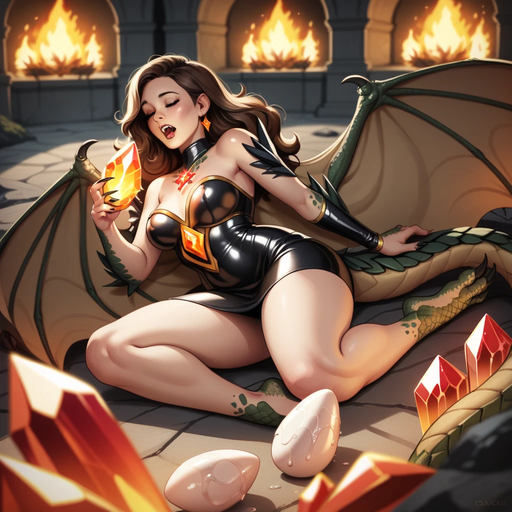 nsfw, cartoon,(masterpiece, best quality), beautiful face, aerith gainsborough ,(22yr old, beautiful girl, solo:1.1),brown_hair,long_hair, pixiv, evil smile, sadistic, erotic lips, seductive eyes, drooping eyes, provocative expression, smirks, squint, enraptured, fascinated, scornful laughter, aroused, lovely, naughty face, half closed eyes, fearless smile, crazy smile,toned female, glamorous perfect female proportion, wide hips, extremely shiny, reflecting light, awesome metallic surface texture, cute, akiba, anime face, moe, yellow and black striped hair, wasp ornament, Yellow and black striped boots, wasp transparent wings, bee Transparent wings, wasp antennae, wasp printed, Honeycomb printed, poison needle, yellow and black striped fur, spike choker, earrings, best quality, amazing quality, very aesthetic,