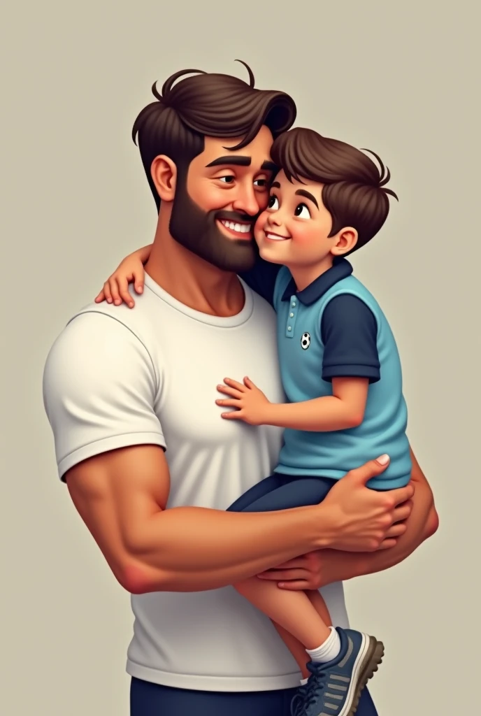 man with white skin and blue shirt on his back, with a boy drinking on his shoulders and a girl holding his hand
