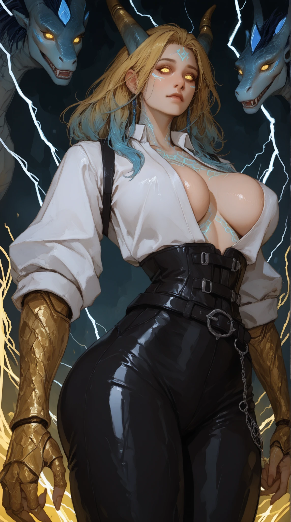 AidraFoxQuiron, big tits, corpo voluptuoso, long hair, multicolored hair, two-tone hair, dyed bangs, white hair, red hair, makeup, lipstick, headband, belt, bodysuit, sleeves rolled up, leather jacket, brown jacket, multicolored bodysuit, green bodysuit, yellow bodysuit, no meio de um quarto
