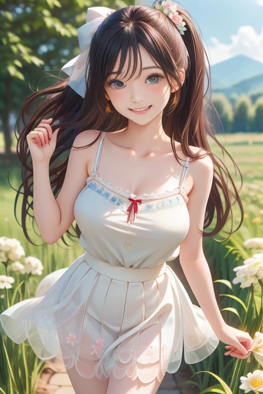 Special clothing 58,White Dress,pantyhose,Green ribbon,Striped, ((whole body)), ((Leaning forward)), (Lean forward, bend over), ((From above)), ((Realistic)), 1 girl, Photo pose, Outdoor Scene, night, Light, stand up, Comfortable posture, Eye-catching pose, Beautiful feet, Looking at the audience, Detailed Scene, curly, water, Beautiful hair accessories, Brownish yellow hair, light makeup, blush, Lip gloss, (Campus Style), Warm Light, Warm color palette, Detailed explanation, Very detailed, (masterpiece, highest quality), (This is a very delicate and beautiful piece.), Delicate earrings, Delicate necklace, Simple blur background, Extreme Detail, Ultra-fine painting, Delicate face, Slim and toned body, Slim your waist, (Grin, happy Grin, Bare your teeth), (Correct Anatomy)