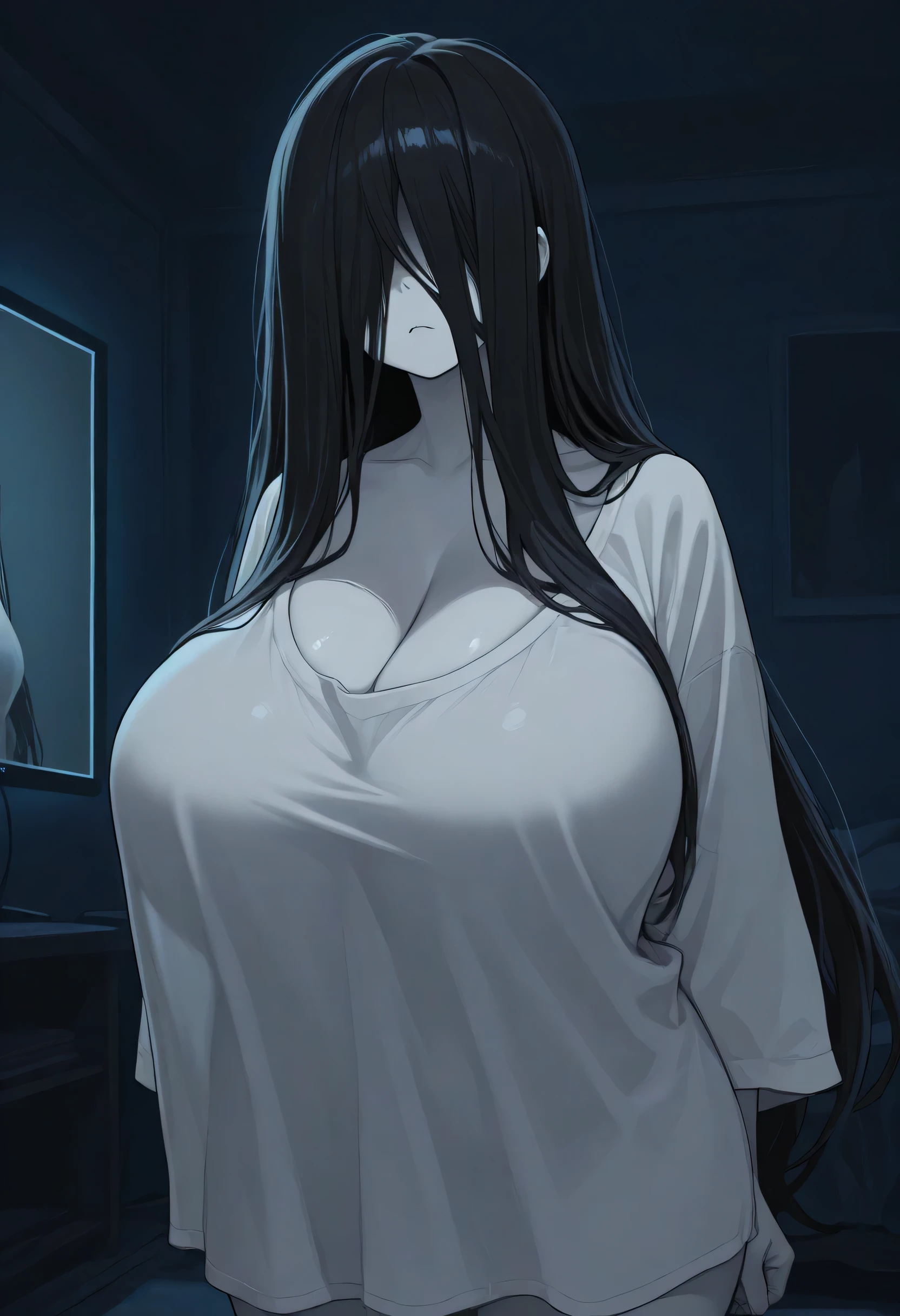 (masterpiece), best quality, expressive eyes, perfect face, yamamura sadako, 1girl, solo, sadako, (hair over eyes:1.4), dark theme, curvy, dark atmosphere, cleavage, closed mouth, oversized white dress, ((long sleeves)), long dress, cowboy shot, ((from below)), serious, (pale skin:1.2), grey skin, (sagging breasts), ((hanging breasts:1.2)) ,(huge breasts:1.4), breast focus, ((bent over)), ((breast out))