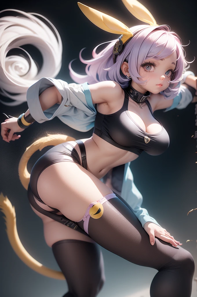 (masterpiece), (best quality), (High quality), (perfect anatomy), (perfect hands),BREAK, expressive eyes, perfect face, 1girl, (grey cat ears: 1.5), BREAK, (medium hair, grey hair: 1.6, pixie cut), BREAK, (big eyes, perfect eyes, blue eyes, thick eyelashes), BREAK, (thin eyebrow), BREAK, (short height), slim bulid, BREAK, cat smile, open mouth, blush, BREAK, (medium breasts), BREAK, (white tubetop: 1.4, cat cutout: 1.4), (cat paws gloves: 1.4) BREAK, (low-rise pink shorts: 1.3), (white stockings: 1.2), BREAK, (standing on one leg, cat pose), (full body), BREAK, (view from front: 1.5), (streaming room, rgb lightning), BREAK, ( face_focus), looking at the camera,