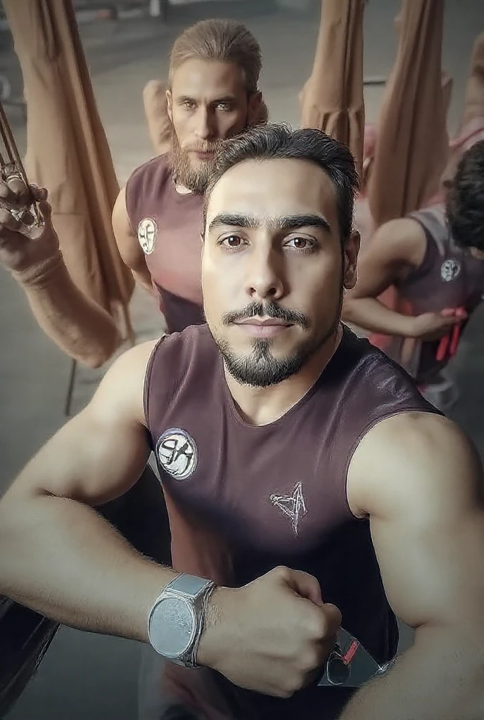 there is a man with a beard and a red hat posing for a picture, ben askren, enes dirig, sayem reza, mohamed chahin, in a menacing pose, saadane afif, cover shot, taken in the early 2020s, riyahd cassiem, exaggerated physique, macho pose, big shoulders