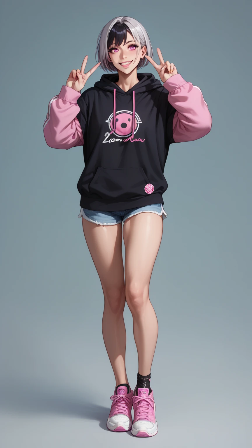 score_9, score_8_superior, score_7_superior,sauce_anime,Break uncensored,One girl,alone, Black legwear, Black footwear, boots, Brown Hair, Earrings, whole body, Gray background, heart, heart background, jewelry, Knee-high, Long sleeve, Medium Hair, Lips parted, shoes, Simple Background, smile, sneakers, shoes下, Are standing, thigh boots, Knee socks,Dynamic pose