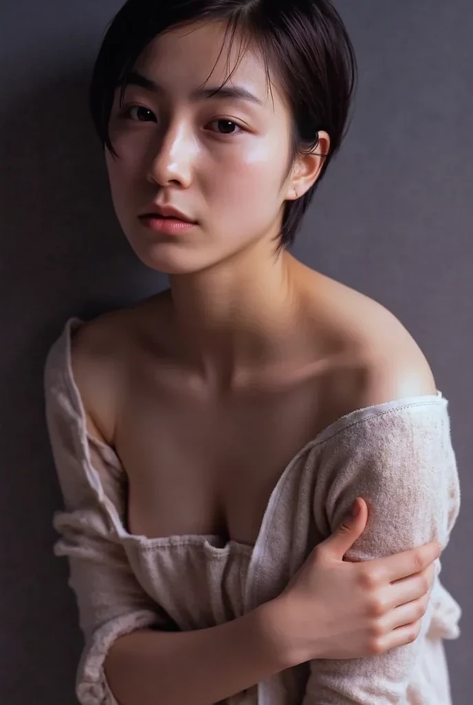 (Highest quality,4K,8k,High resolution,masterpiece:1.2),Very detailed,(Realistic,photoRealistic,photo-Realistic:1.37),daughter,Textured haircuts、Nipples、Small breasts、Perfect Anatomy、Depth of written boundary、Jail,Shaved head punishment、colorful、Black and White