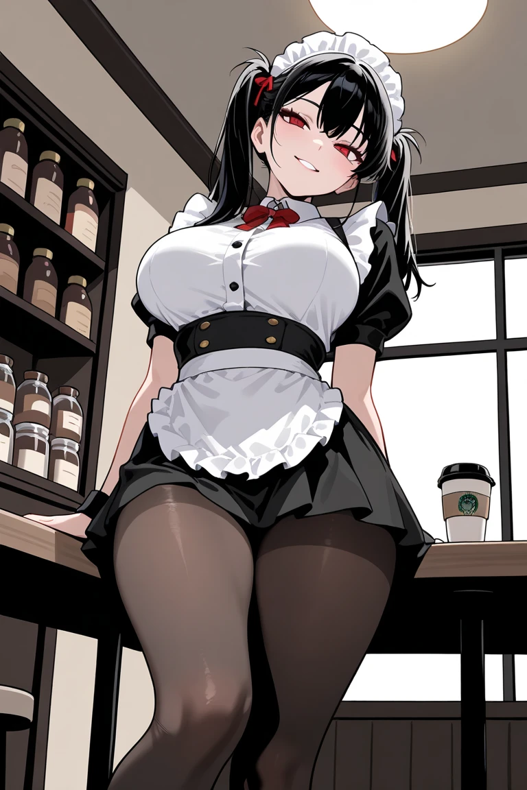 One Woman、One Man、The man is looking up her skirt、Beauty、Cafe、Cafe屋の制服、淫乱Cafe店員、Cafe店員、Age 25、Tight Skirt、Large number of customers、Looking down at the viewer, ponytail, Highest quality, Focus on the thighs, smile, garter belt、panties、Plump thighs、Big Ass、Big ,My thighs are steaming between the legs 、Sweaty knee-high socks、Angle from directly below、Waiting for Obon、Coffee cup on the tray、男にpantiesを見せる、男にpantiesを触られる、Having your crotch touched、Obscene sound effects、sexual excitement
