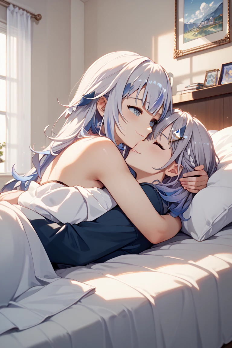 Lying on the bed)) ((Sleeping)) (Light in the moonlight, wearing cute pajamas, staring at the night sky through the window, silver hair
    girl close