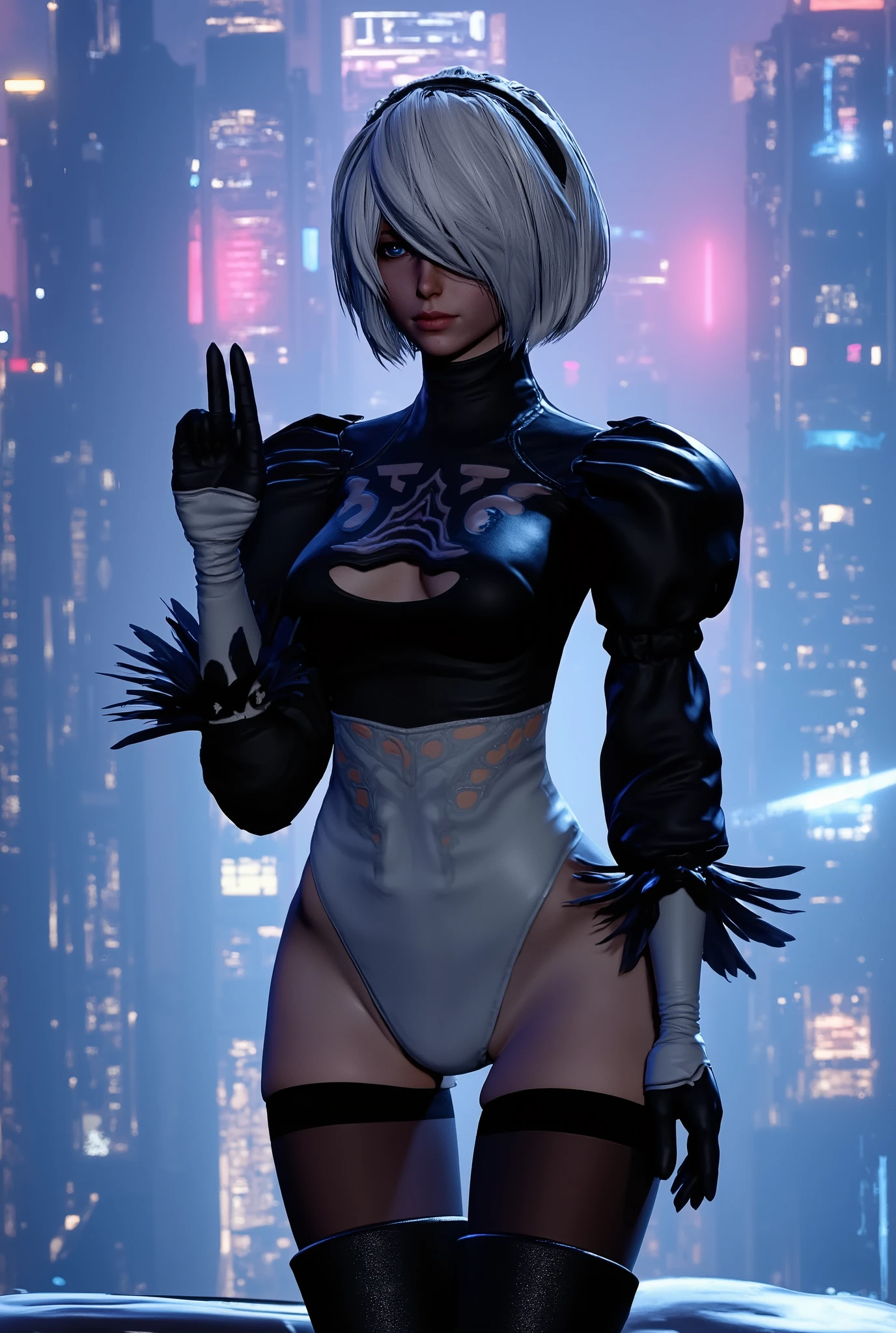 Neir Automata, 2B, Sci Fi cityscape background, sexy, seductive, high detail, masterpiece.