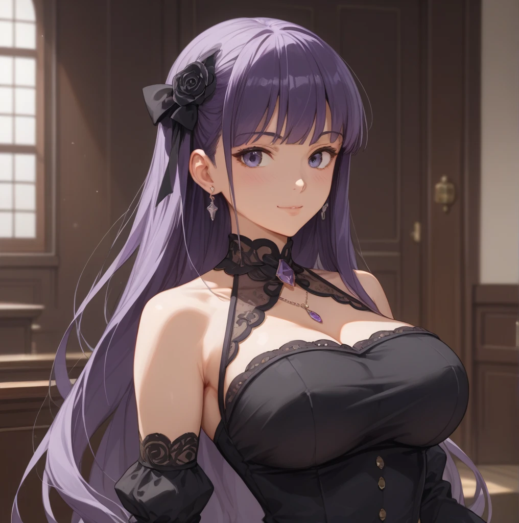beautiful woman, purple hair, messy hair, bright blue eyes, glowing eyes, lots of freckles, full lips, gigantic breasts, extreme cleavage, deep cleavage, thin body, blue off-shoulder dress, strapless, high heels, choker, elegant hair, seductive pose, extreme blushing, smiling, ultra detailed, standing in a ballroom, ballroom background, candlelight, masterpiece, 8k, looking directly at viewer