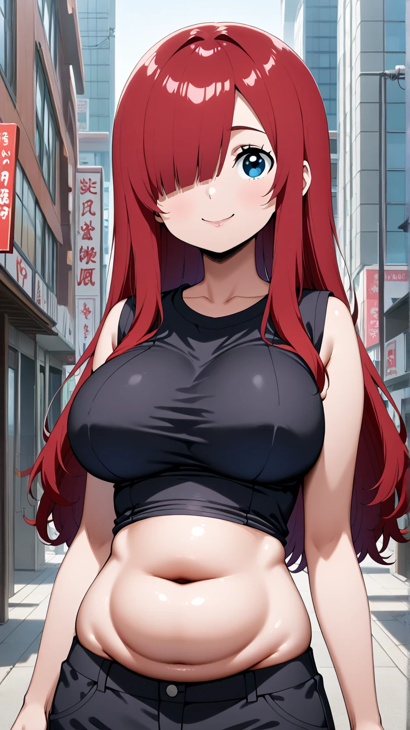 one girl, long wavy hair, orange hair, dark blue eyes,(one eye closed),big breasts,(seductive smile,clenched teeth),black bikini top only,denim jeans,(hands on hip),city,pov from front,shining body,solo focus