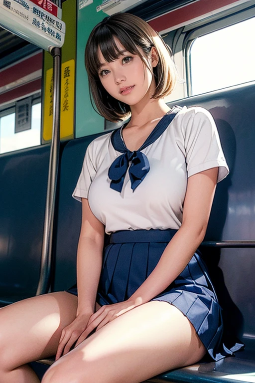 short hair、Highest quality,Very detailed,masterpiece,Realistic,Realistic,Bright lighting,One Girl, Very beautiful 17 year old girl, (cute:1.2),A faint smile, (Brown eyes),(Brown haired),(prohibit),Shortcuts、Perfect glowing skin,Perfect Skin,((erotic,Sexy and sexually explicit)),((Precise needles without discomfort)), Big ample breasts,Accentuate your cleavage、big breasts and small waist, Look at the viewers,((Sailor suit)),((Short sleeve uniform white shirt)),(Red tie),(Mini pleated skirt in blue),(((Roll up the skirt yourself))),(I lifted it myself),(Showing panties),Wearing panties,Panty Focus,((get up,Spread your legs)), socks, (黒のニーsocks),(Loafer shoes), Daytime,in the train,Sit sideways with your back to the window