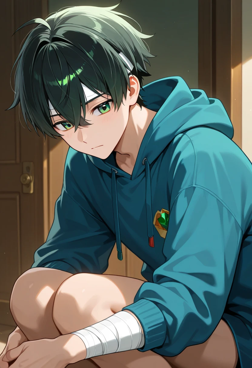 Izuku Midoriya, deku, male focus, green hair, green eyes, blush, looking at viewer, face, detailed skin, freckles, collarbone, slim, narrow waist, black alan walker hoodie with white alan walker logo design of a letter "A" and "W" combined letters, simple background, masterpiece, best quality