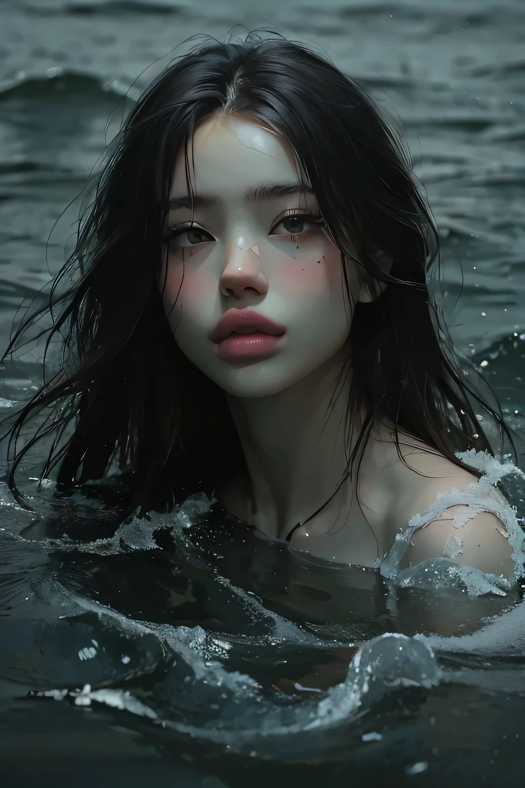 （Cinematic tones）（The film is in a cool gray tone）（Wet clothes：1.9）,（Get wet all over your body：1.9）,Top image quality, tmasterpiece, 超高分辨率, （Fidelity：1.4）, photore,deluge, stunningly beautiful woman, （Sorrow）, white  shirt, dim murky lights, shadowy, Desperate, Pity, Pathetic, Cinematic, Tears, tear drop, （ripped clothing：1.5）, （Wet clothes：1.4）, bare shoulders​, Real rain, wetting hair