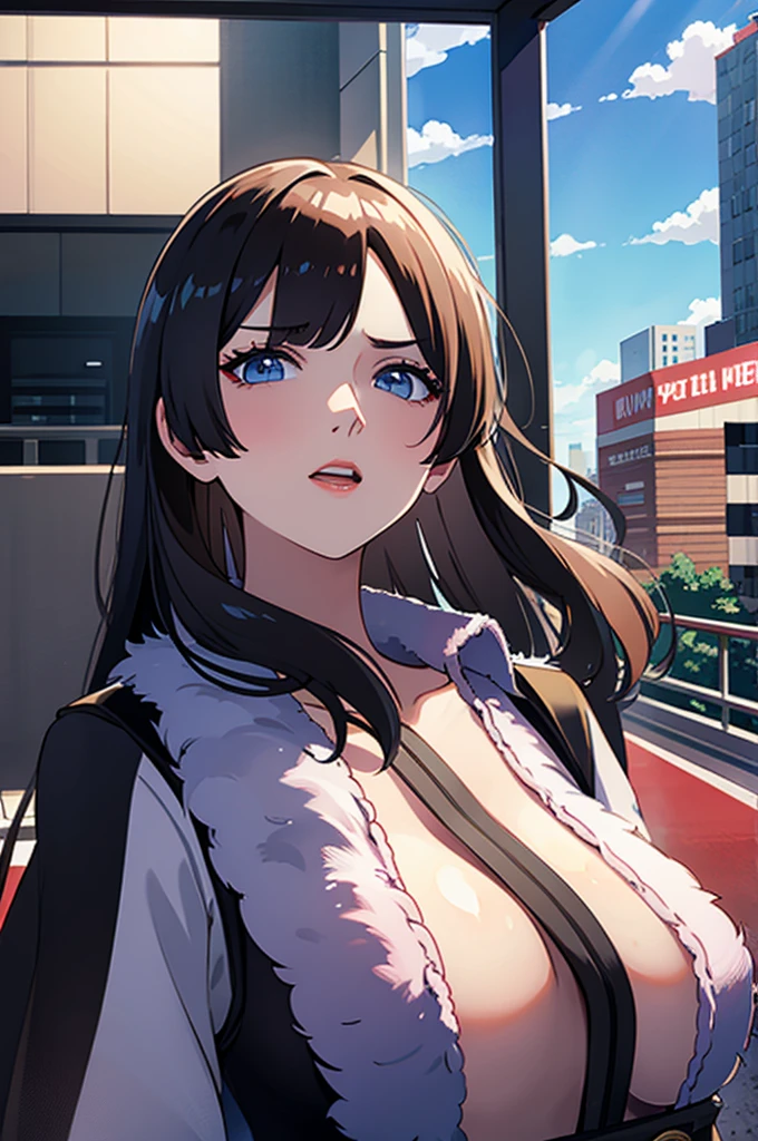 Korean duchy girl, (38 years old), in the airport, necklace, worried expression, (from bottom view), (masterpiece, best quality, extremely detailed, hyper realistic)